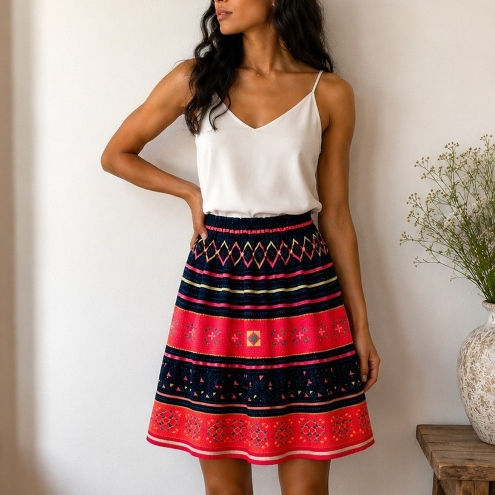 VTG 70s Thai Hmong Hand Embroidered Neon Indigo Skirt Folk Tribal Elastic Waist - Picture 2 of 7